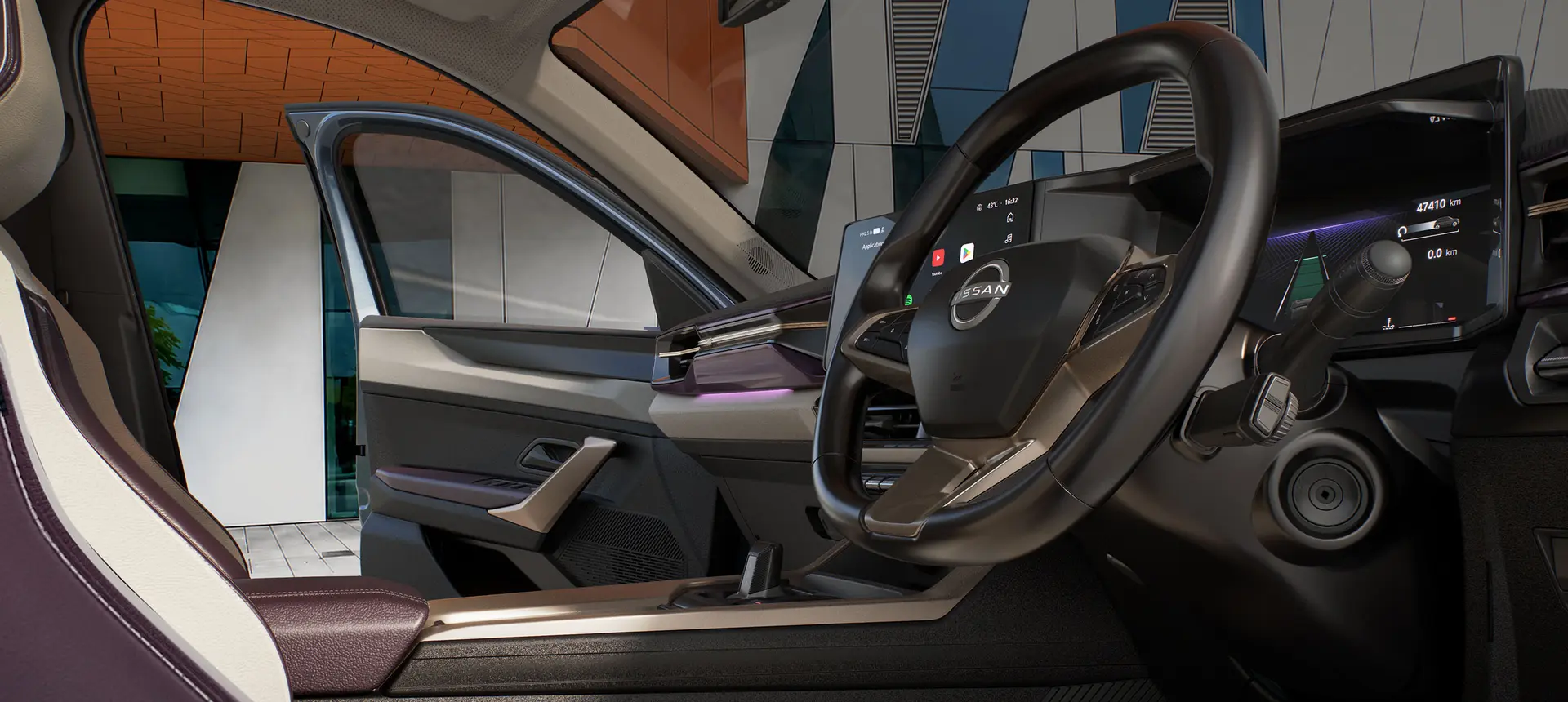 Habitáculo del Nissan Tekton con pantallas digitales y techo panorámico