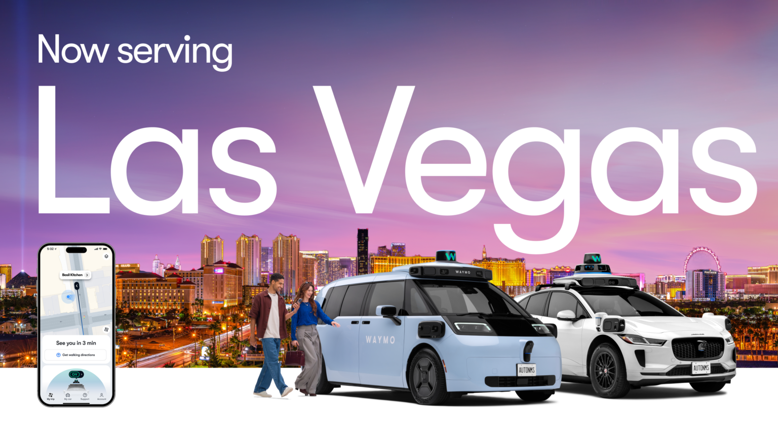 Robotaxis Waymo Ojai y Jaguar I-PACE en anuncio de Las Vegas