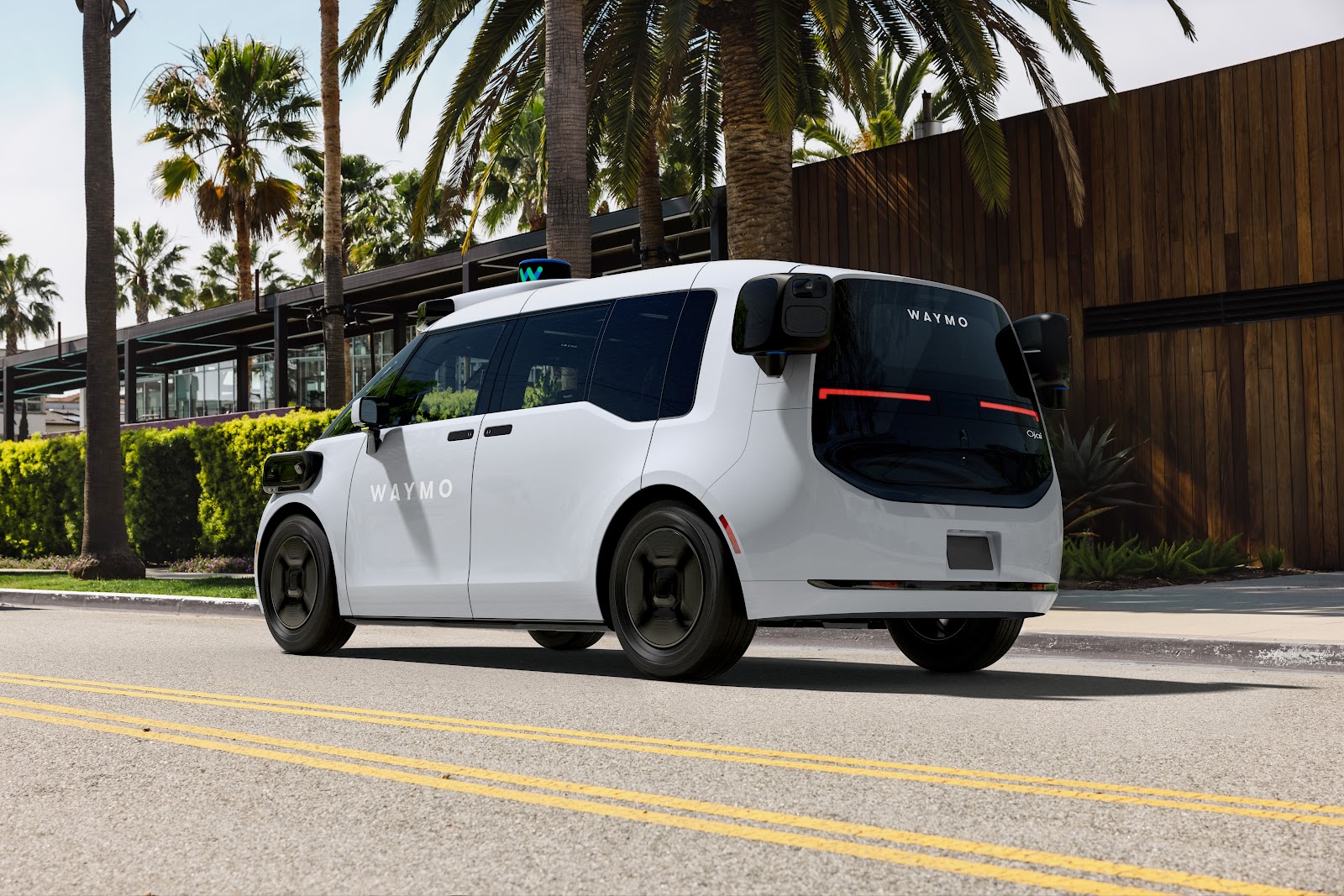 Vista exterior del robotaxi eléctrico Waymo Ojai