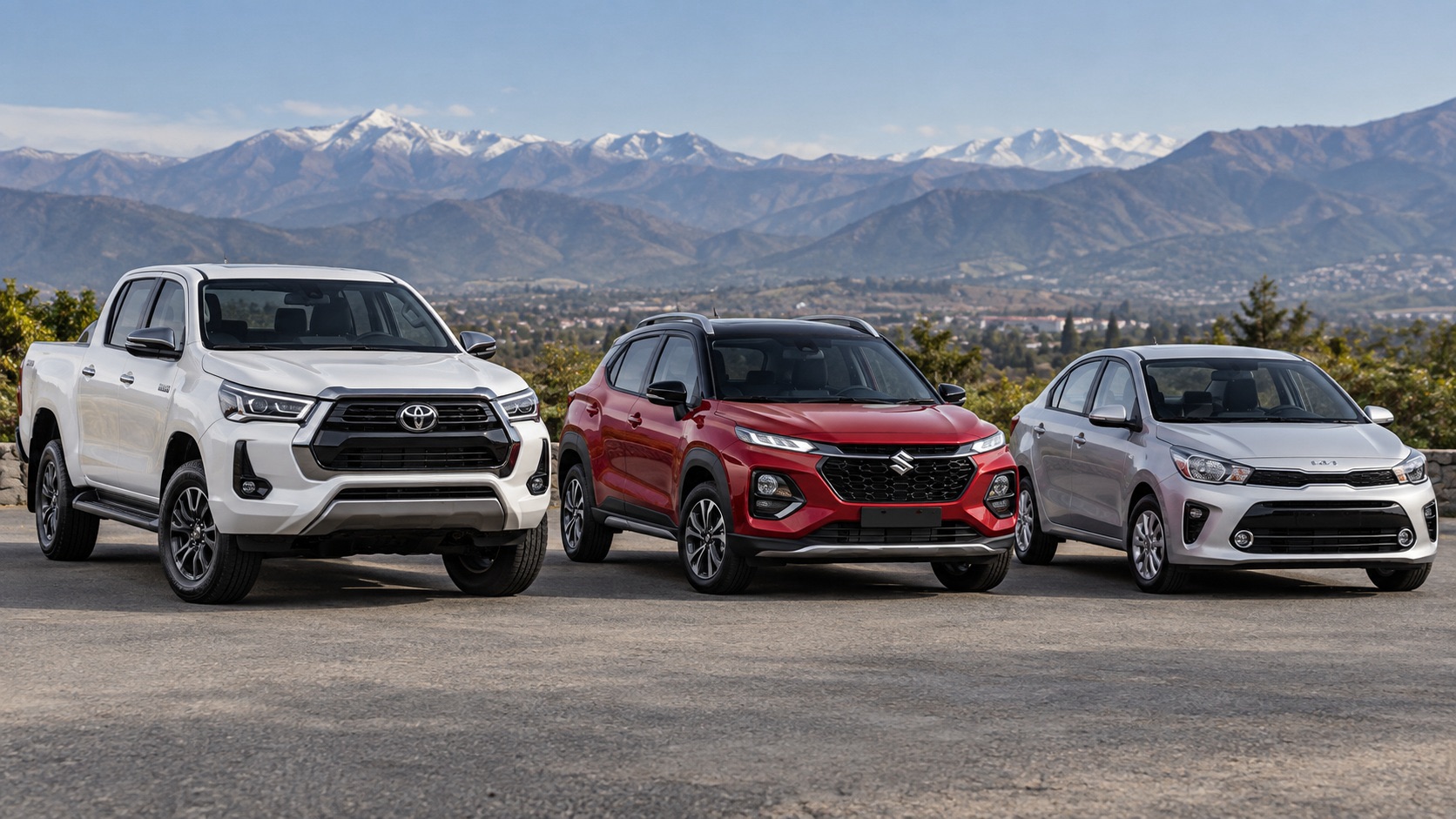 Toyota Hilux, Suzuki Fronx y Kia Soluto juntos. Ilustración generada con inteligencia artificial para Motor Prime.