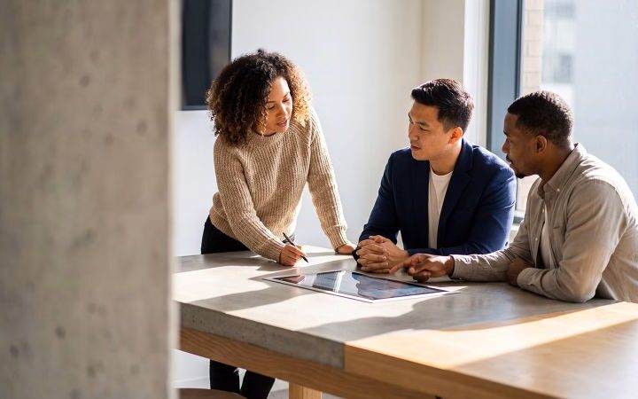 Ilustración generada con IA de tres personas trabajando, difundida por PwC para su encuesta laboral