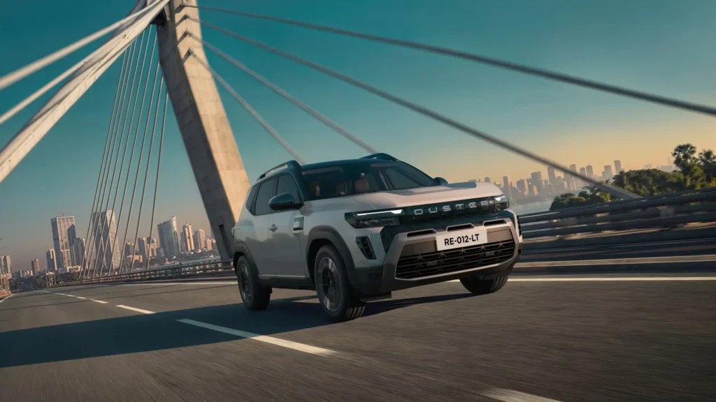 Renault Duster híbrido para India circulando sobre un puente